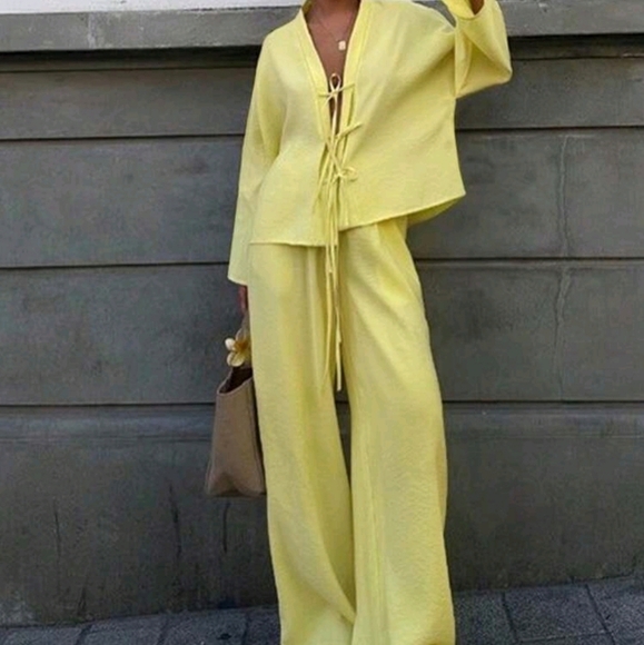 Women's Casual Loose Fit Drop Shoulder Tie Front Top And Wide Leg Pants Set - Picture 1 of 7